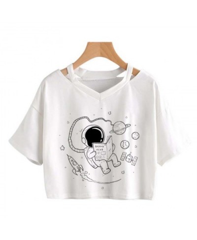 Universe Space Short Tee New Moon Astronaut Print T-shirt Women Casual V-Neck Sexy Short Sleeve Crop Tops Harajuku Streetwear...