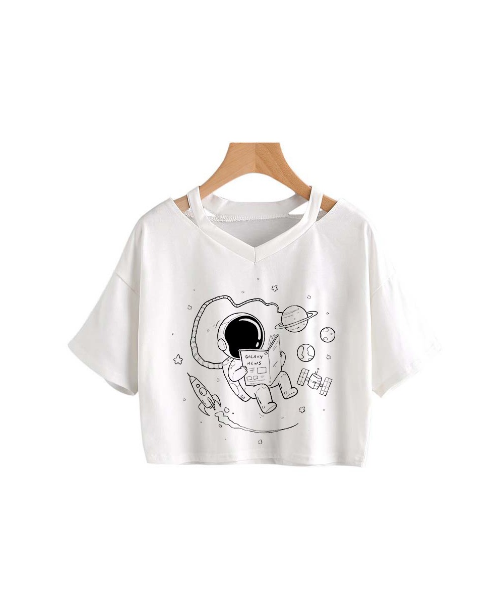 Universe Space Short Tee New Moon Astronaut Print T-shirt Women Casual V-Neck Sexy Short Sleeve Crop Tops Harajuku Streetwear...