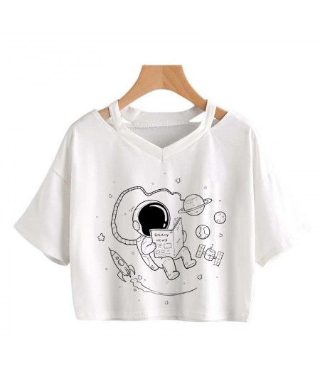 Universe Space Short Tee New Moon Astronaut Print T-shirt Women Casual V-Neck Sexy Short Sleeve Crop Tops Harajuku Streetwear...