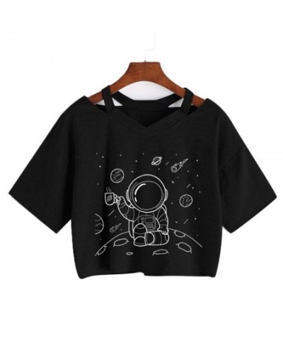 Universe Space Short Tee New Moon Astronaut Print T-shirt Women Casual V-Neck Sexy Short Sleeve Crop Tops Harajuku Streetwear...