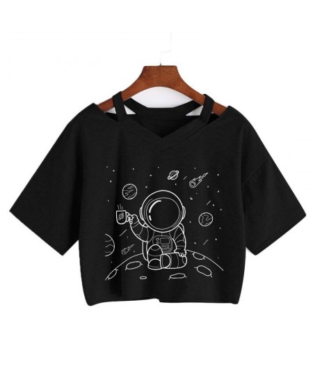 Universe Space Short Tee New Moon Astronaut Print T-shirt Women Casual V-Neck Sexy Short Sleeve Crop Tops Harajuku Streetwear...