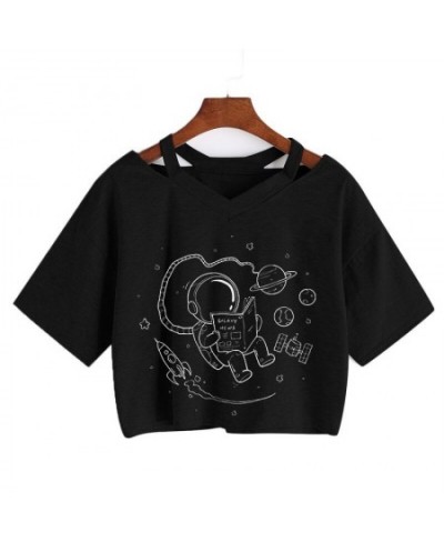 Universe Space Short Tee New Moon Astronaut Print T-shirt Women Casual V-Neck Sexy Short Sleeve Crop Tops Harajuku Streetwear...