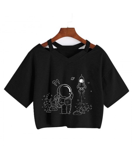 Universe Space Short Tee New Moon Astronaut Print T-shirt Women Casual V-Neck Sexy Short Sleeve Crop Tops Harajuku Streetwear...