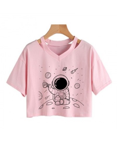 Universe Space Short Tee New Moon Astronaut Print T-shirt Women Casual V-Neck Sexy Short Sleeve Crop Tops Harajuku Streetwear...