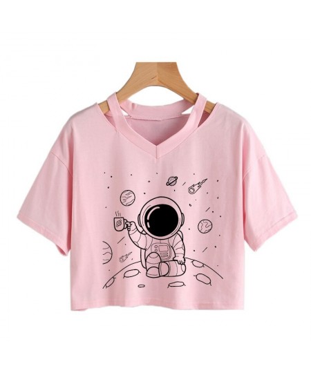 Universe Space Short Tee New Moon Astronaut Print T-shirt Women Casual V-Neck Sexy Short Sleeve Crop Tops Harajuku Streetwear...