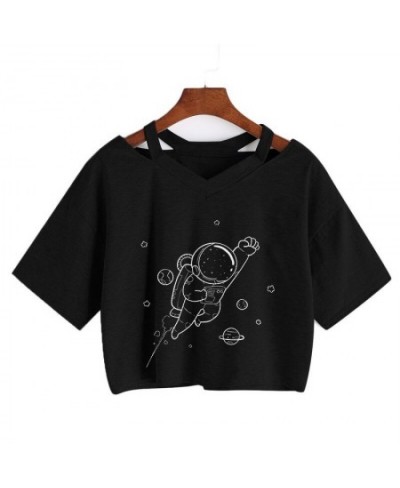 Universe Space Short Tee New Moon Astronaut Print T-shirt Women Casual V-Neck Sexy Short Sleeve Crop Tops Harajuku Streetwear...