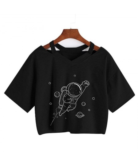 Universe Space Short Tee New Moon Astronaut Print T-shirt Women Casual V-Neck Sexy Short Sleeve Crop Tops Harajuku Streetwear...