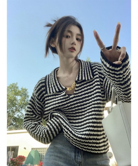 French Striped Lapel Sweater Women's Spring 2023 New Design Sense Metal Chain Niche Long-sleeved Knitted Top $27.98 - Tops & ...