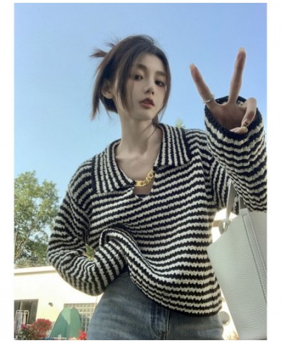 French Striped Lapel Sweater Women's Spring 2023 New Design Sense Metal Chain Niche Long-sleeved Knitted Top $27.98 - Tops & ...