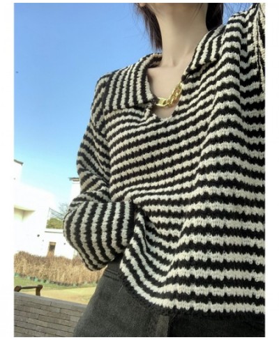 French Striped Lapel Sweater Women's Spring 2023 New Design Sense Metal Chain Niche Long-sleeved Knitted Top $27.98 - Tops & ...