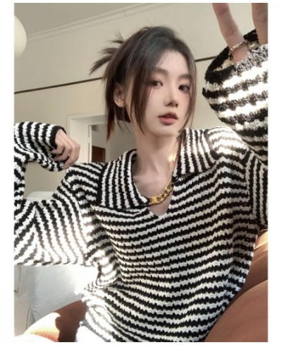 French Striped Lapel Sweater Women's Spring 2023 New Design Sense Metal Chain Niche Long-sleeved Knitted Top $27.98 - Tops & ...