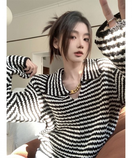 French Striped Lapel Sweater Women's Spring 2023 New Design Sense Metal Chain Niche Long-sleeved Knitted Top $27.98 - Tops & ...