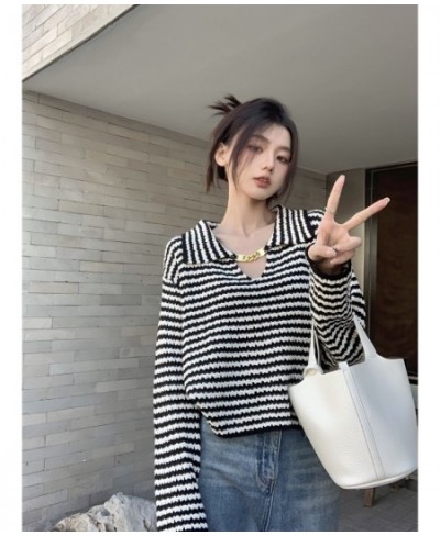 French Striped Lapel Sweater Women's Spring 2023 New Design Sense Metal Chain Niche Long-sleeved Knitted Top $27.98 - Tops & ...