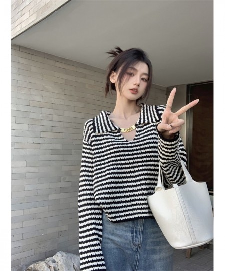 French Striped Lapel Sweater Women's Spring 2023 New Design Sense Metal Chain Niche Long-sleeved Knitted Top $27.98 - Tops & ...