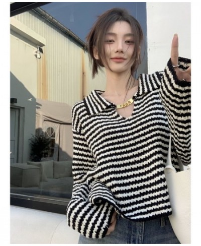 French Striped Lapel Sweater Women's Spring 2023 New Design Sense Metal Chain Niche Long-sleeved Knitted Top $27.98 - Tops & ...