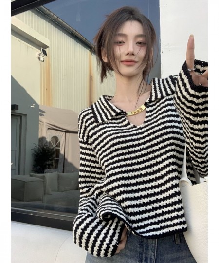 French Striped Lapel Sweater Women's Spring 2023 New Design Sense Metal Chain Niche Long-sleeved Knitted Top $27.98 - Tops & ...