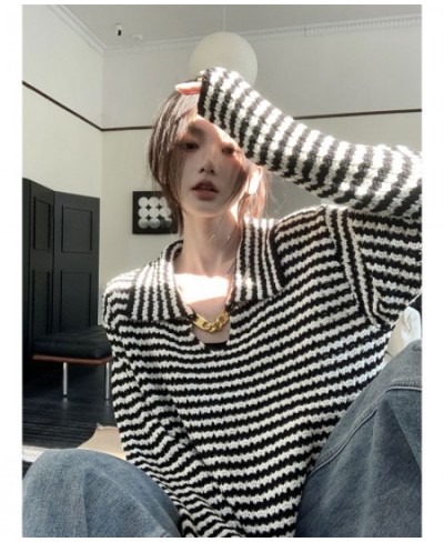 French Striped Lapel Sweater Women's Spring 2023 New Design Sense Metal Chain Niche Long-sleeved Knitted Top $27.98 - Tops & ...