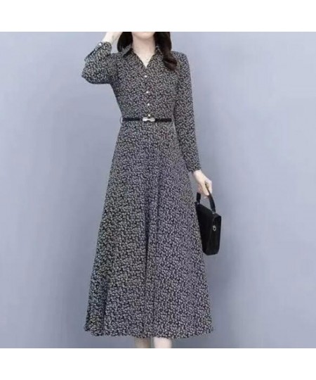 Broken Flowers Print Long Sleeve Spring Clothes Elegant Turn-down Collar Button Sashes Slim Mid-Calf Large Hem Dress for Wome...