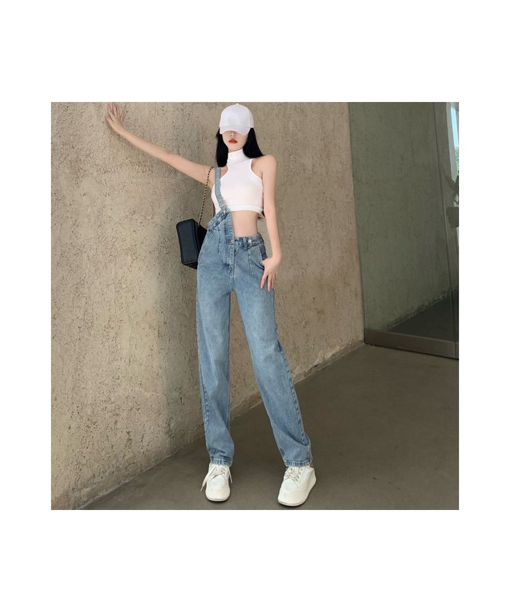 2022 New One-shoulder Overalls Jeans Women Korean Style High Waist Jean Pants Female Blue Loose Casual Straight Trouser $48.5...