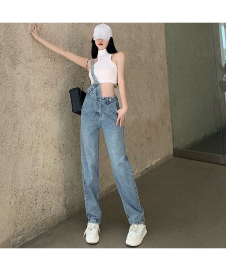 2022 New One-shoulder Overalls Jeans Women Korean Style High Waist Jean Pants Female Blue Loose Casual Straight Trouser $48.5...