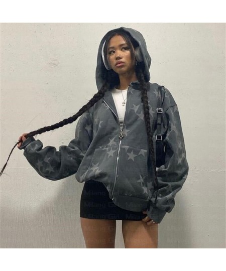 Grey Star Pattern Retro Streetwear Oversized Hoodies Women Y2k Gothic Punk Harajuku Full Zip Up Sportswear Grunge Couple Outf...