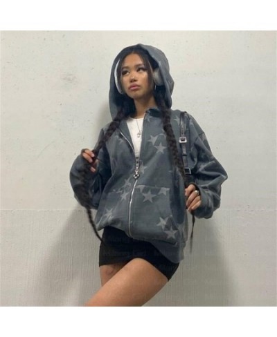 Grey Star Pattern Retro Streetwear Oversized Hoodies Women Y2k Gothic Punk Harajuku Full Zip Up Sportswear Grunge Couple Outf...