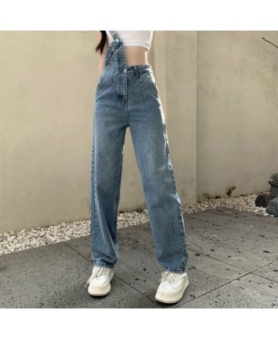 2022 New One-shoulder Overalls Jeans Women Korean Style High Waist Jean Pants Female Blue Loose Casual Straight Trouser $48.5...