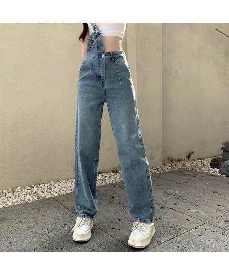 2022 New One-shoulder Overalls Jeans Women Korean Style High Waist Jean Pants Female Blue Loose Casual Straight Trouser $48.5...