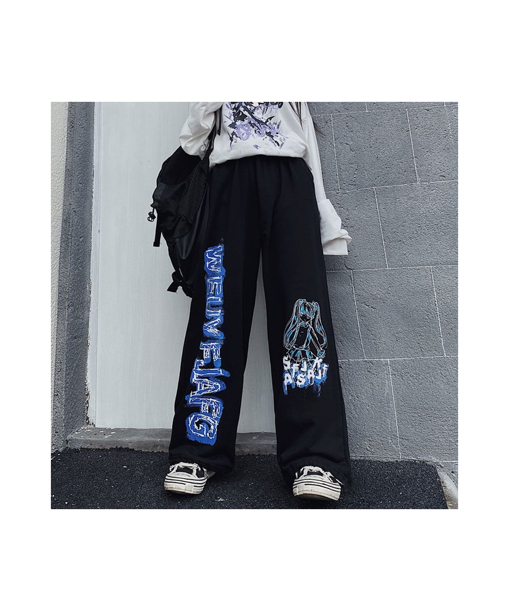 2023 summer pants women's wide leg pants men's and women's Korean version vintage anime print loose BF athleisure pants trend...