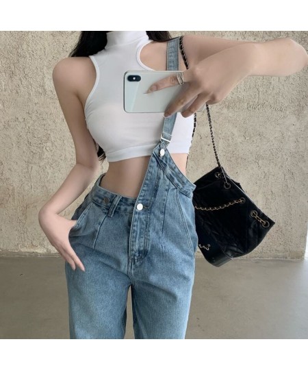 2022 New One-shoulder Overalls Jeans Women Korean Style High Waist Jean Pants Female Blue Loose Casual Straight Trouser $48.5...