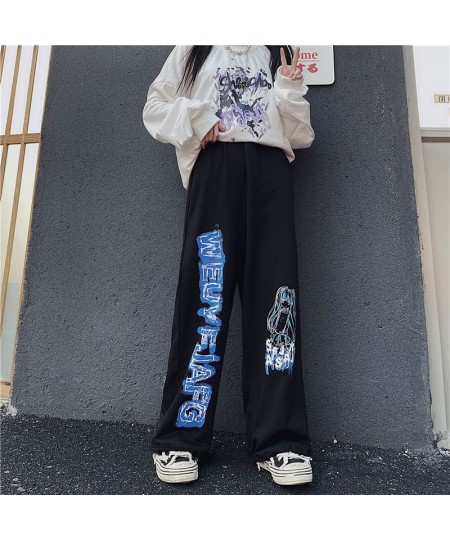 2023 summer pants women's wide leg pants men's and women's Korean version vintage anime print loose BF athleisure pants trend...