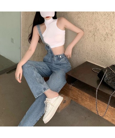 2022 New One-shoulder Overalls Jeans Women Korean Style High Waist Jean Pants Female Blue Loose Casual Straight Trouser $48.5...