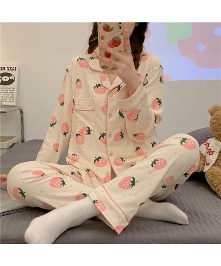 Long Sleeve Pajama Set Turndown Collar Cardigan Strawberry Print Cartoon Women Gauze Cotton Kawaii Trendy Women Pyjamas Elega...