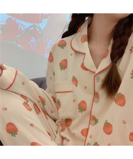 Long Sleeve Pajama Set Turndown Collar Cardigan Strawberry Print Cartoon Women Gauze Cotton Kawaii Trendy Women Pyjamas Elega...