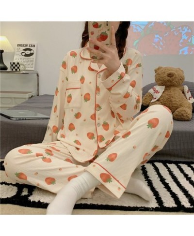 Long Sleeve Pajama Set Turndown Collar Cardigan Strawberry Print Cartoon Women Gauze Cotton Kawaii Trendy Women Pyjamas Elega...