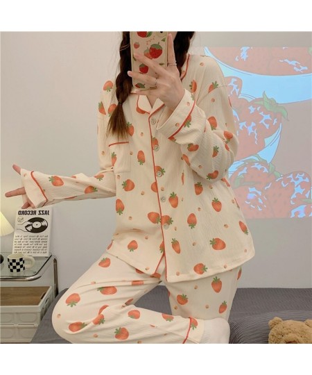 Long Sleeve Pajama Set Turndown Collar Cardigan Strawberry Print Cartoon Women Gauze Cotton Kawaii Trendy Women Pyjamas Elega...