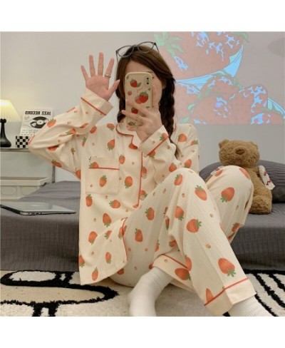 Long Sleeve Pajama Set Turndown Collar Cardigan Strawberry Print Cartoon Women Gauze Cotton Kawaii Trendy Women Pyjamas Elega...