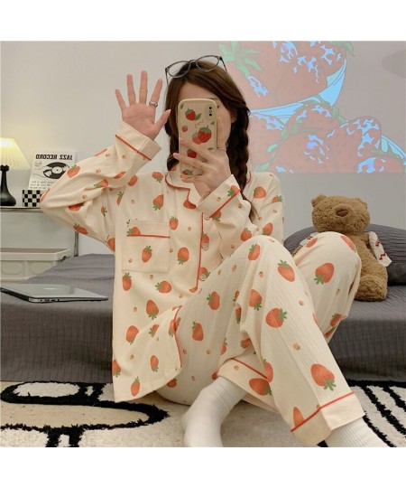 Long Sleeve Pajama Set Turndown Collar Cardigan Strawberry Print Cartoon Women Gauze Cotton Kawaii Trendy Women Pyjamas Elega...