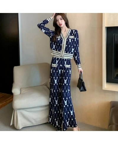 2023 Autumn Winter Knitted 2 Piece Set Women V-neck Long Sleeve Sweater Cardigan Coat+Wide Leg Pant Vintage Tracksuits Suits ...