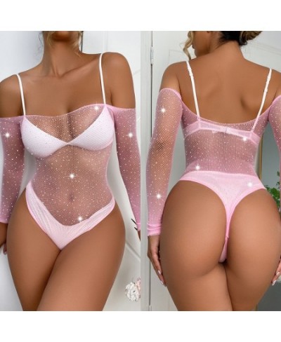 Sexy Lingerie Fine One-Piece Women Bra Set Sheer Rhinestone Underwear Transparent Open Bra Strapless Erotic Fishnet Bodysuit ...