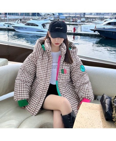 Short Parkas Women Winter Jacket Houndstooth Fashion Spliced Hooded Down Jackets Female High Quality Casual Warm Cotton Coat ...