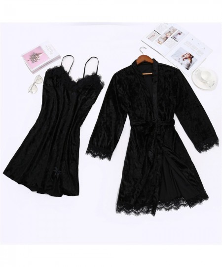 Women's Sexy Pajamas Lace Trim Velvet Solid Sleepwear Robe Nightdress Two-Piece Pajama Set Bride Bridesmaid Kimono Bathrobe $...