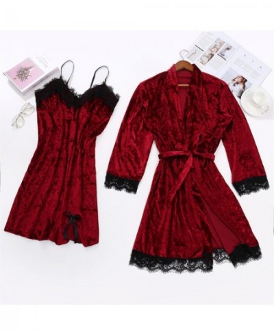 Women's Sexy Pajamas Lace Trim Velvet Solid Sleepwear Robe Nightdress Two-Piece Pajama Set Bride Bridesmaid Kimono Bathrobe $...