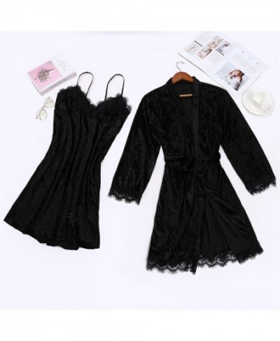 Women's Sexy Pajamas Lace Trim Velvet Solid Sleepwear Robe Nightdress Two-Piece Pajama Set Bride Bridesmaid Kimono Bathrobe $...