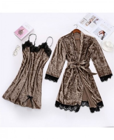 Women's Sexy Pajamas Lace Trim Velvet Solid Sleepwear Robe Nightdress Two-Piece Pajama Set Bride Bridesmaid Kimono Bathrobe $...