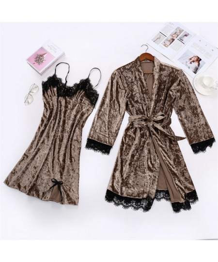 Women's Sexy Pajamas Lace Trim Velvet Solid Sleepwear Robe Nightdress Two-Piece Pajama Set Bride Bridesmaid Kimono Bathrobe $...