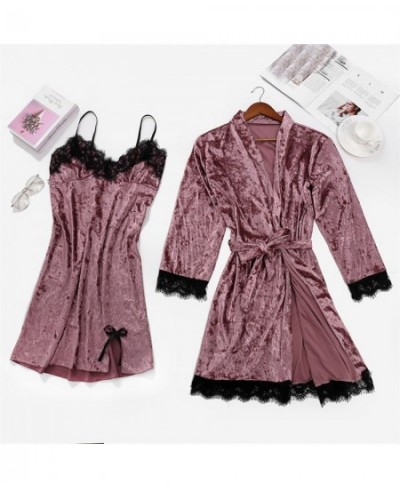 Women's Sexy Pajamas Lace Trim Velvet Solid Sleepwear Robe Nightdress Two-Piece Pajama Set Bride Bridesmaid Kimono Bathrobe $...