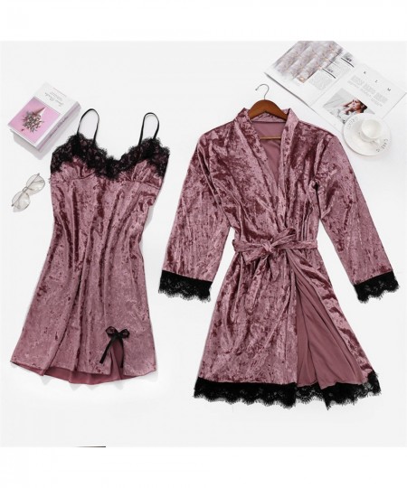 Women's Sexy Pajamas Lace Trim Velvet Solid Sleepwear Robe Nightdress Two-Piece Pajama Set Bride Bridesmaid Kimono Bathrobe $...