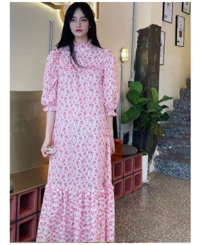 Women Dress 2022 Spring/Summer Pink Floral Puff Sleeve Loose Casual Ladies Long Dress $81.27 - Dresses