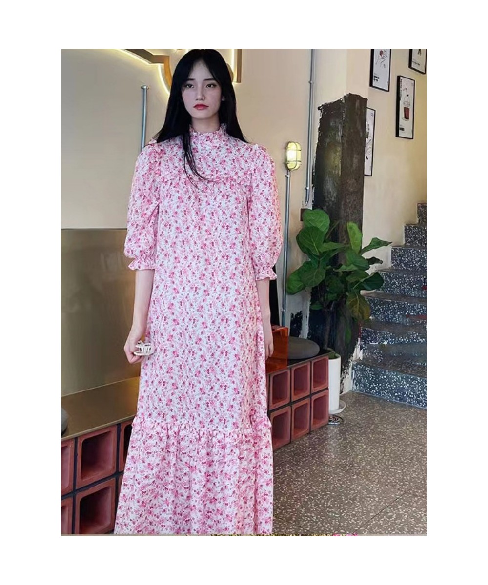 Women Dress 2022 Spring/Summer Pink Floral Puff Sleeve Loose Casual Ladies Long Dress $81.27 - Dresses